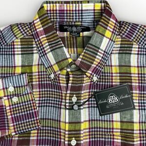 Brooks Brothers Country Club Shirt Mens XL Colorful Plaid 100% Irish Linen USA